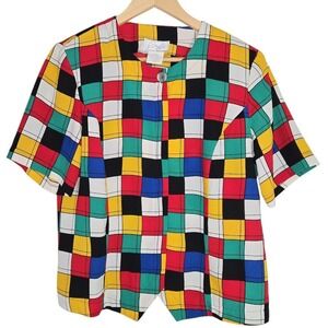 Kathy Che Vintage 90s Color Block Blouse Primary Colors Mondrian Art Top Size 12